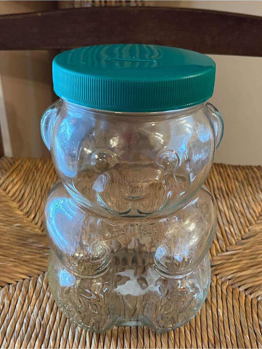 Vintage 1988 Kraft Peanut Butter Bear Glass Jar Bank 52oz Green Slotted Lid